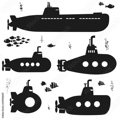 Silhouette Submarine undersea boat with fishes. Vector