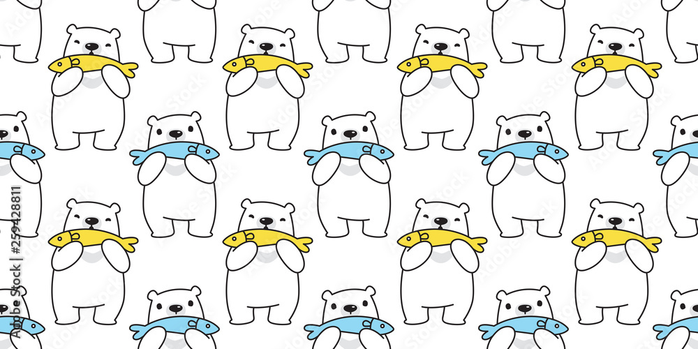 Bear seamless pattern polar bear vector fish tuna salmon cartoon repeat wallpaper tile background scarf isolated illustration