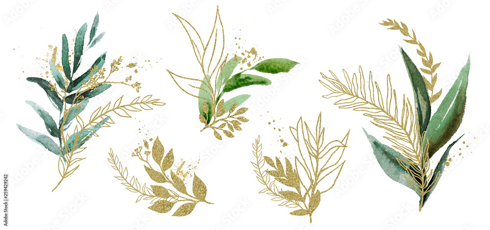 Fototapeta Watercolor floral illustration set - green & gold leaf branches, for wedding stationary, greetings, wallpapers, fashion, background. Eucalyptus, olive, green leaves, etc.