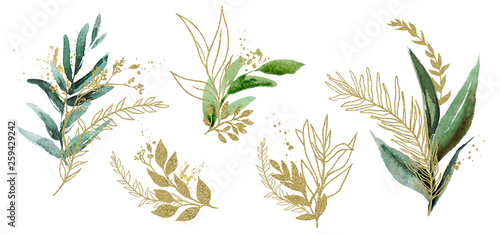 Watercolor floral illustration set - green & gold leaf branches, for wedding stationary, greetings, wallpapers, fashion, background. Eucalyptus, olive, green leaves, etc.