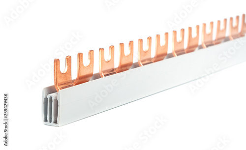 Circuit breaker busbar made of copper, on a white background photo