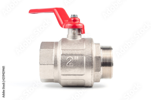 Ball water valve for plumbing with red handle, on white background