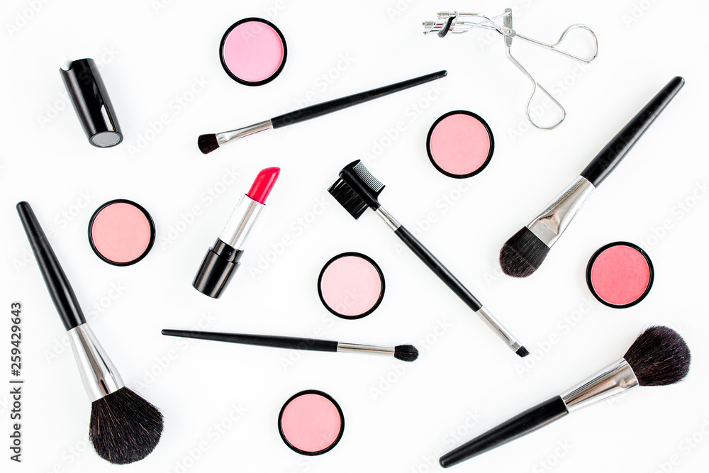 Professional makeup brushes and tools, make-up products set. Flat composition. magazines, social media. Top view. Flat lay. Professional makeup brushes and tools, make-up products set. Flat composition. magazines, social media. Top view. Flat lay.