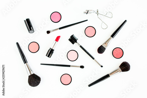 Professional decorative cosmetics, makeup tools on white background. Flat composition beauty, fashion. flat lay, top view