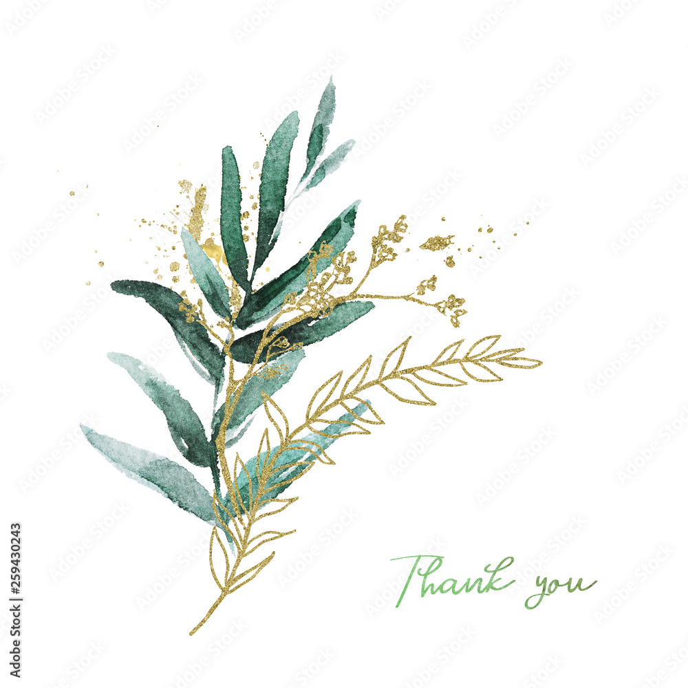 Φωτογραφία Watercolor floral illustration bouquet - green & gold leaf branches collection, for wedding stationary, greetings, wallpapers, fashion, background