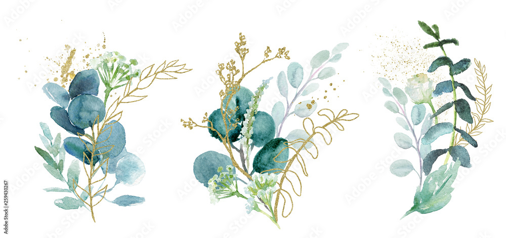 Fototapeta Watercolor floral illustration set - green & gold leaf branches collection, for wedding stationary, greetings, wallpapers, fashion, background. Eucalyptus, olive, green leaves, etc.