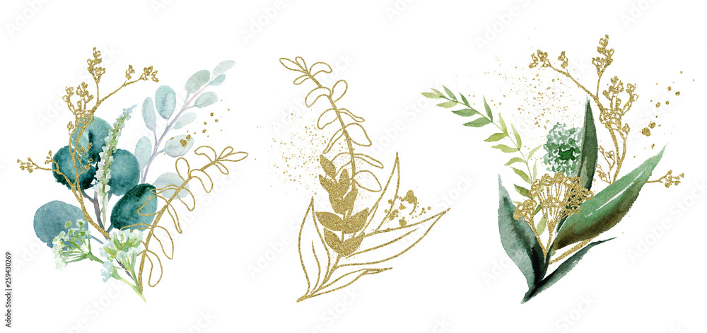 Φωτογραφία Watercolor floral illustration set - green & gold leaf branches collection, for wedding stationary, greetings, wallpapers, fashion, background