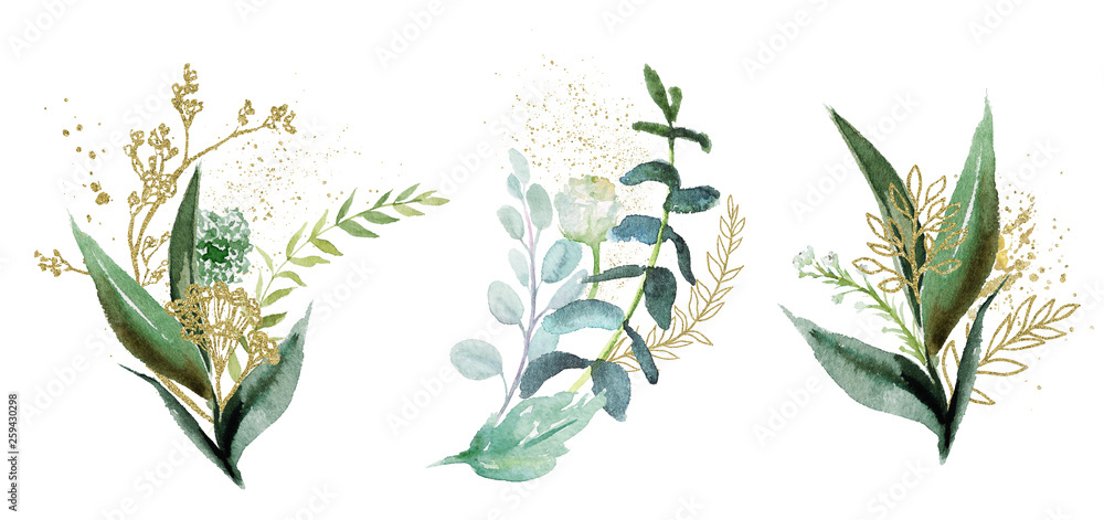Φωτογραφία Watercolor floral illustration set - green & gold leaf branches collection, for wedding stationary, greetings, wallpapers, fashion, background