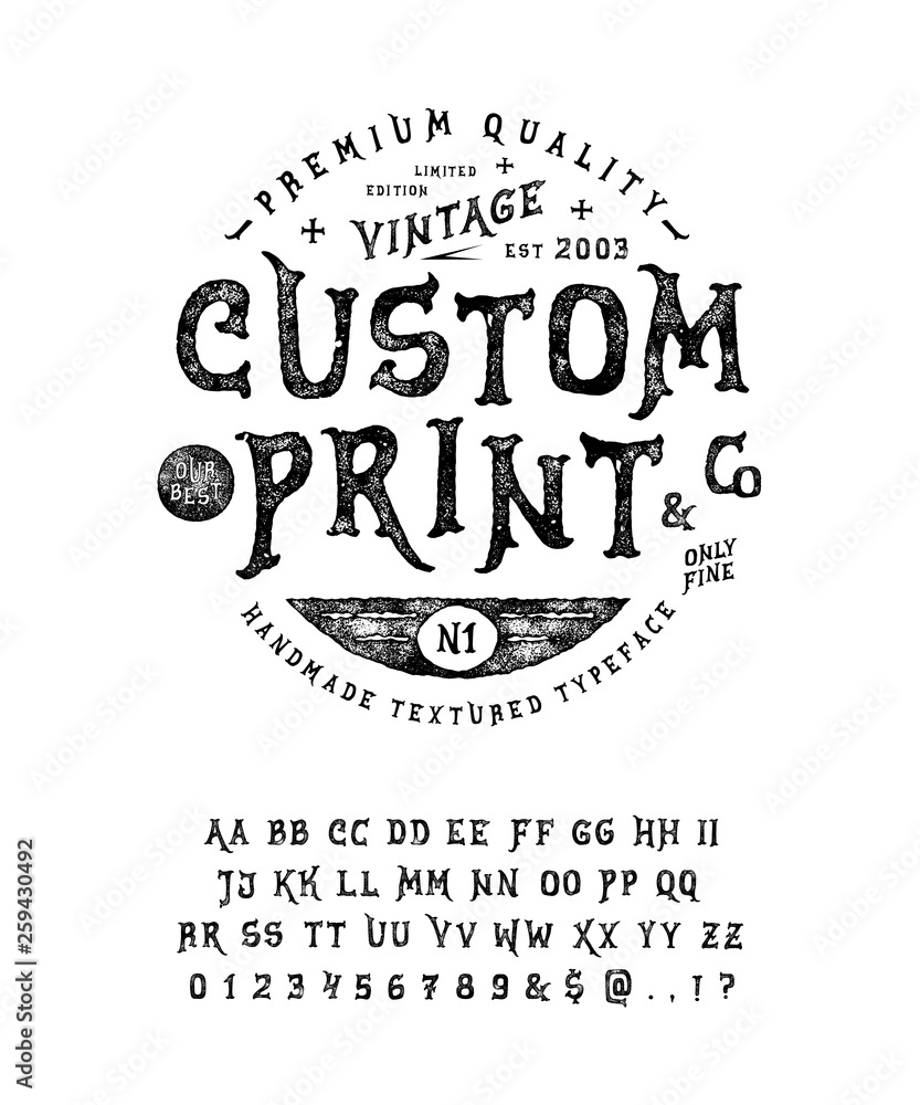Font Custom Print. Hand crafted retro vintage typeface design