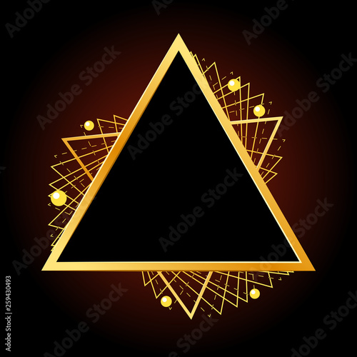 Simple abstract golden geometric shape from intersecting lines, triangle. Decorative element for graphic design, logo, frame. Isolated on black background. Eps10 vector illustration.