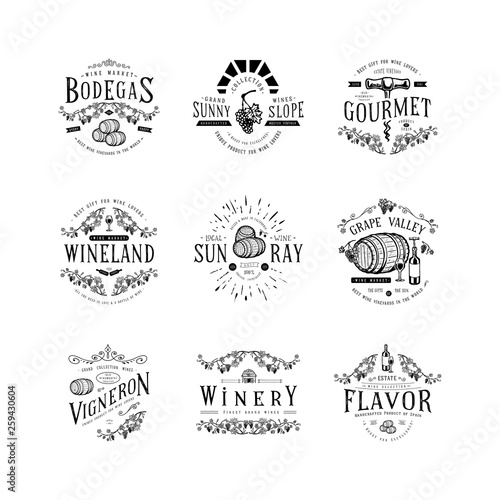 Wine badge. Craft retro vintage design template logo label emblem for wine production poster banner winery. Drawn sketch barrel glass bottle corkscrew graphic vine vector illustration. 