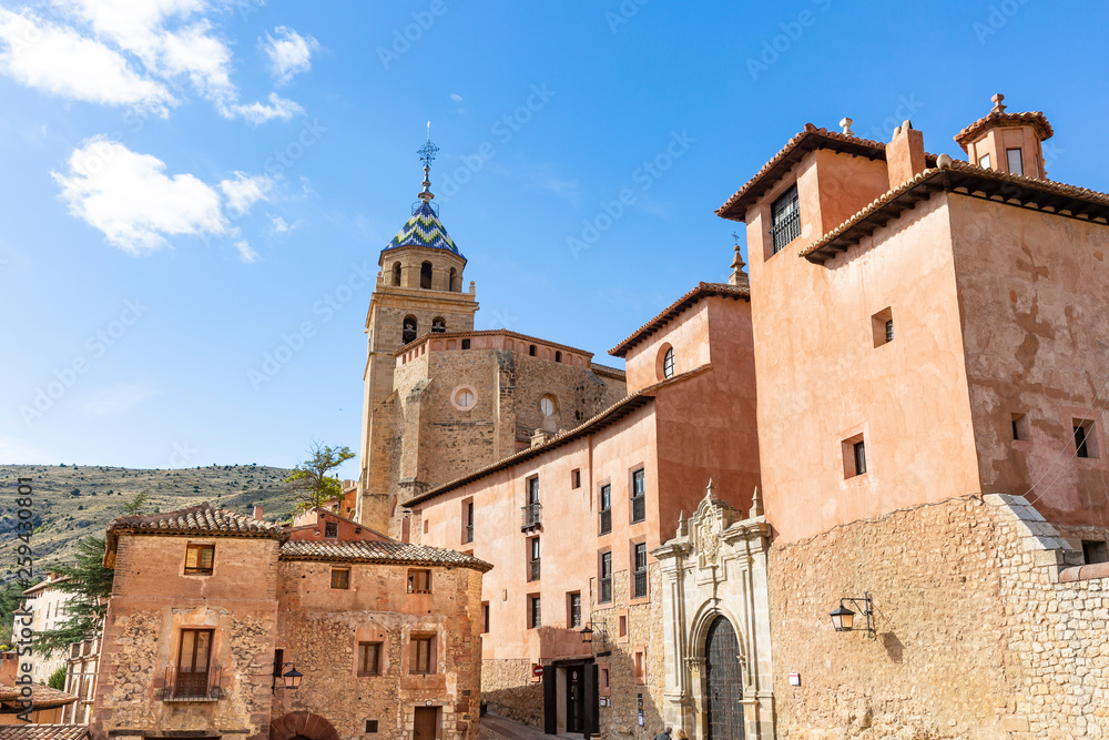 typical architecture and the Cathedral in Albarracin town, province of Teruel, Aragon, Spain