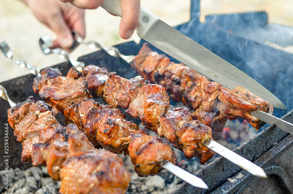Grilled kebab frying on metal skewers. Roasted meat cooked at barbecue with smoke. Close up