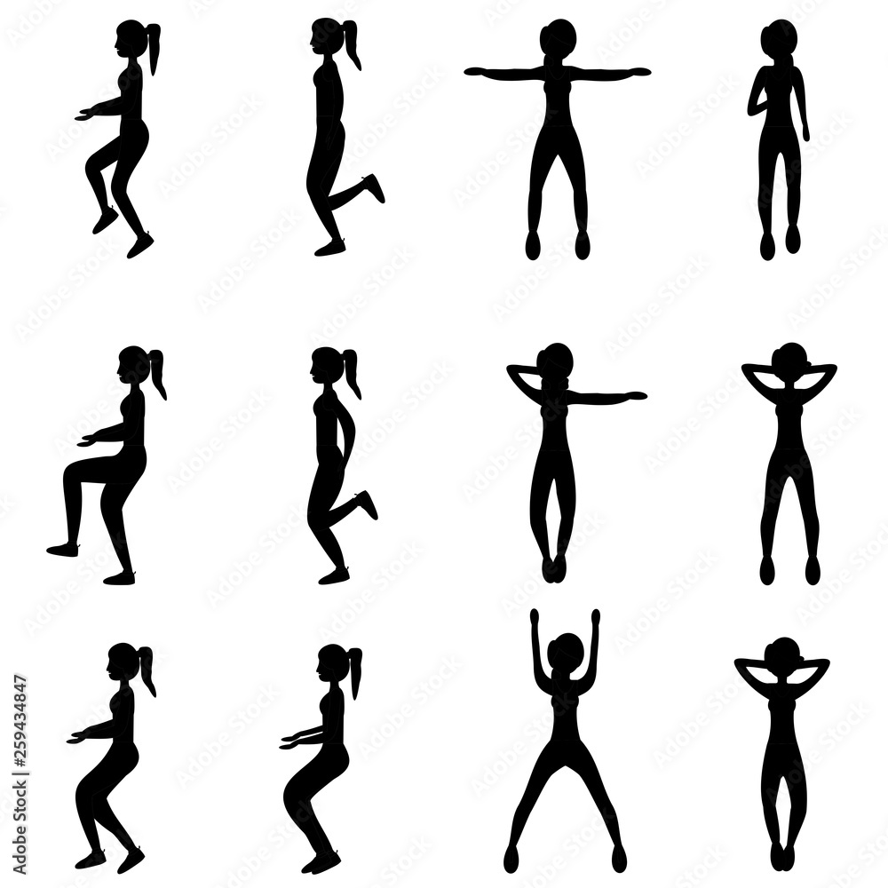 Set of young girls doing exercises in the gym. Beautiful fit woman doing exercises for body warming.  Flat vector illustration. Black silhouette design.