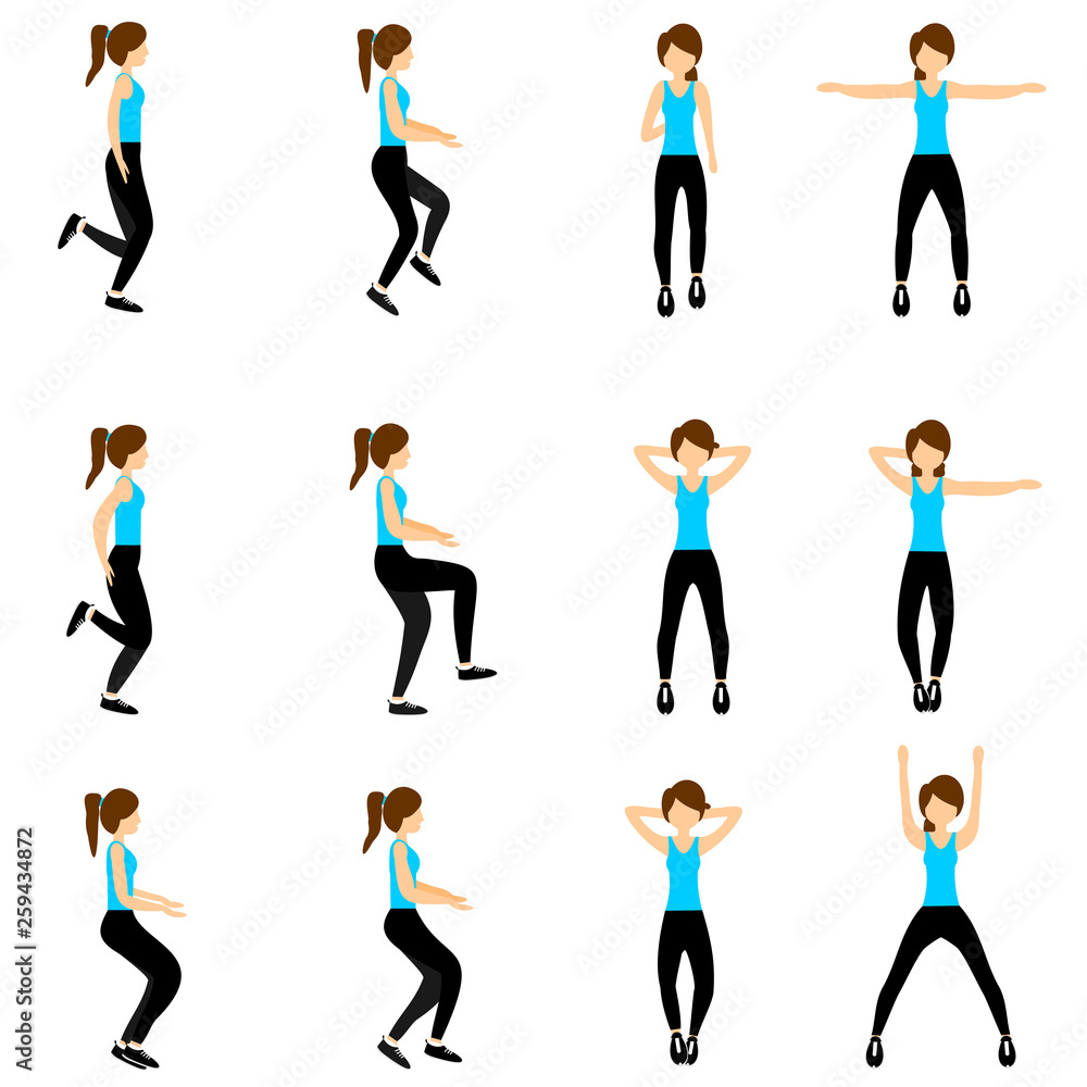 Set of young girls doing exercises in the gym. Beautiful fit woman doing exercises  for body warming. Full of color flat vector illustration. 