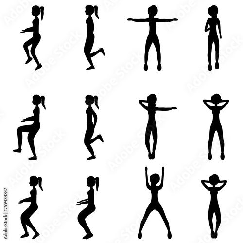 Set of young girls doing exercises in the gym. Beautiful fit woman doing exercises for body warming. Flat vector illustration. Black silhouette design.