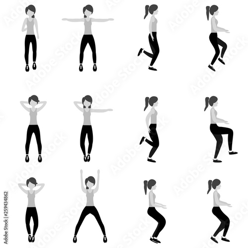 Set of young girls doing exercises in the gym. Beautiful fit woman doing exercises for body warming. Greyscale of color flat vector illustration. 