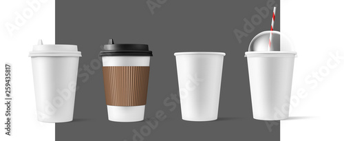 Realistic paper cups with plastic lid mockups. Coffee to go, take out mug. Vector illustration isolated and can be use for any backgrounds. EPS10.	