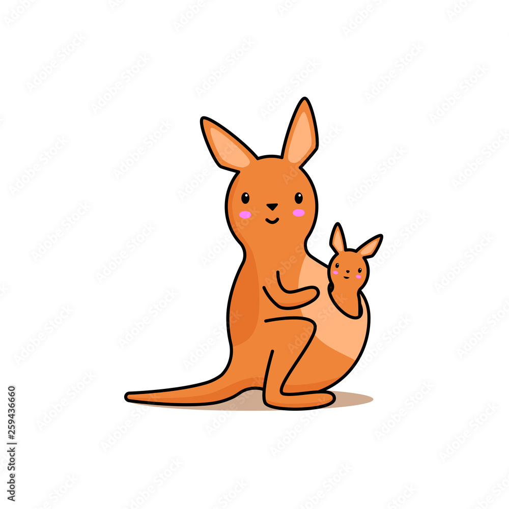 Kawai. Kangaroo with a paunch. The cub got out of the bag. Vector children's drawing. Kawai. Kangaroo with a paunch. The cub got out of the bag. Vector children's drawing.