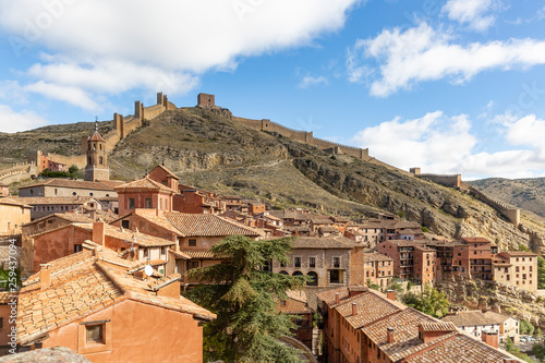 a view over Albarracin town and the medieval wall, province of Teruel, Aragon, Spain