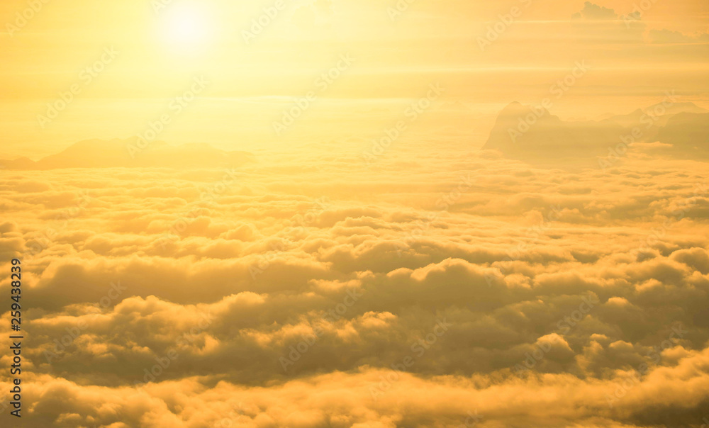 Sunrise foggy mist covered mountain forest landscape top view yellow sky background Sunrise foggy mist covered mountain forest landscape top view yellow sky background