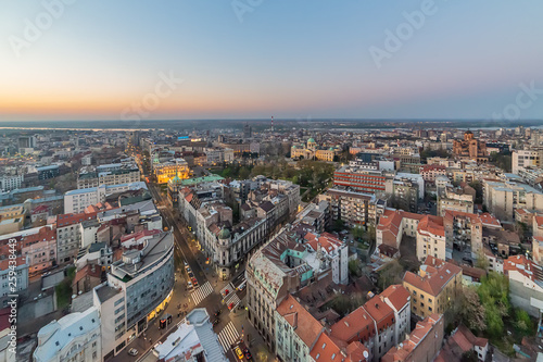 Belgrade, Serbia March 31, 2019: Panorama of Belgrade. The photo shows  the Belgrade municipalitys Palilula and Dorcol, Danube river, National Assembly of the Republic of Serbia and St. Mark's Church. © nedomacki
