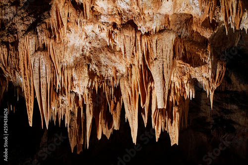 Stalactites hanging from the ceiling of the Gassel-Tropfsteinhöhle cave in Ebensee, Austria