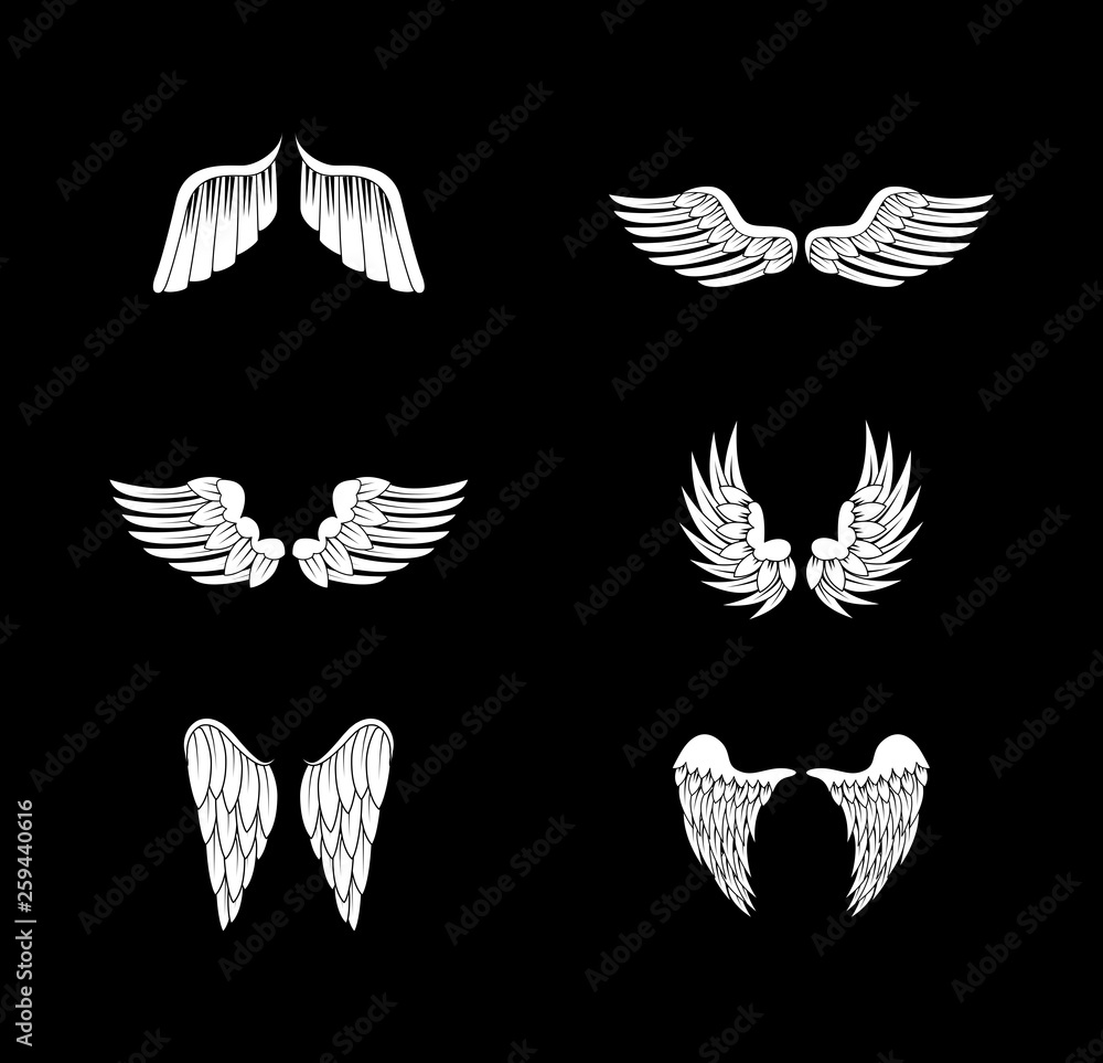 Obraz premium Wings Sketch Set Isolated On Black Background. Collection Of Hand Drawn Angel Wings. Abstract Doodle Vector Illustration, Graphic Design. For Logo, Icon, Tattoo Templates, Emblem, Label And Art Design