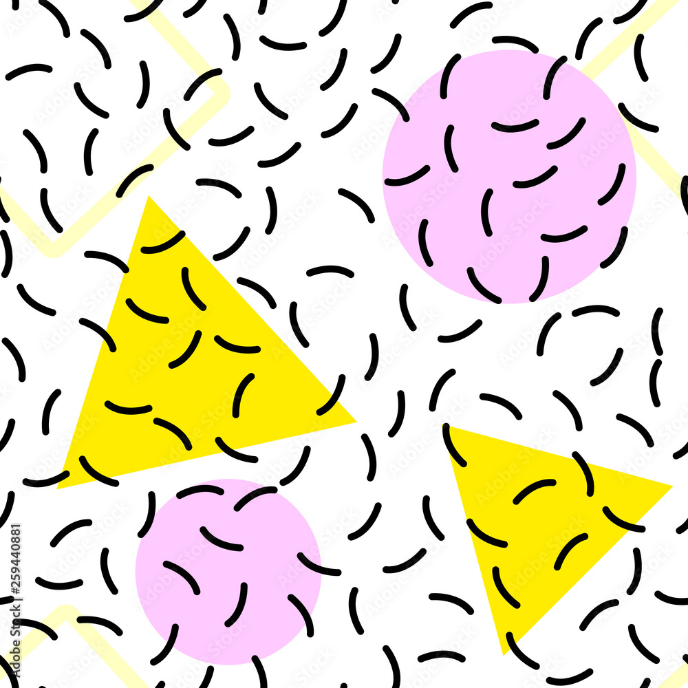 Memphis pattern background. Summer fun abstract isolated backdrop. Contemporary seamless graphics. Textile design style. Geometric fashion and wallpaper. Universal colorful decorative. Vector