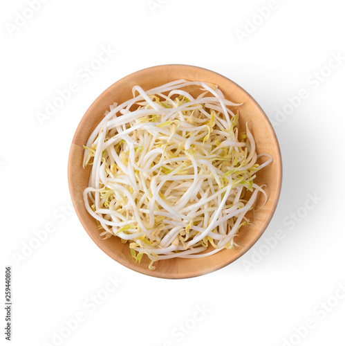  Bean Sprouts in wood bowl isolated on white background