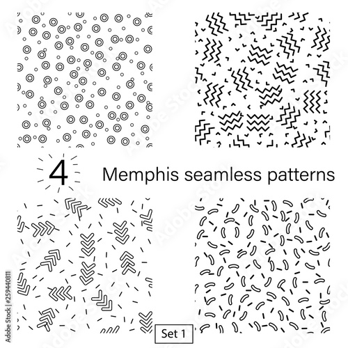 Set of Memphis patterns, line black on white backdrop. Outline abstract art textures. Bundle template. Pattern geometric style. Print, design element. Seamless fabric texture. Fashion 80s, 90s. Vector