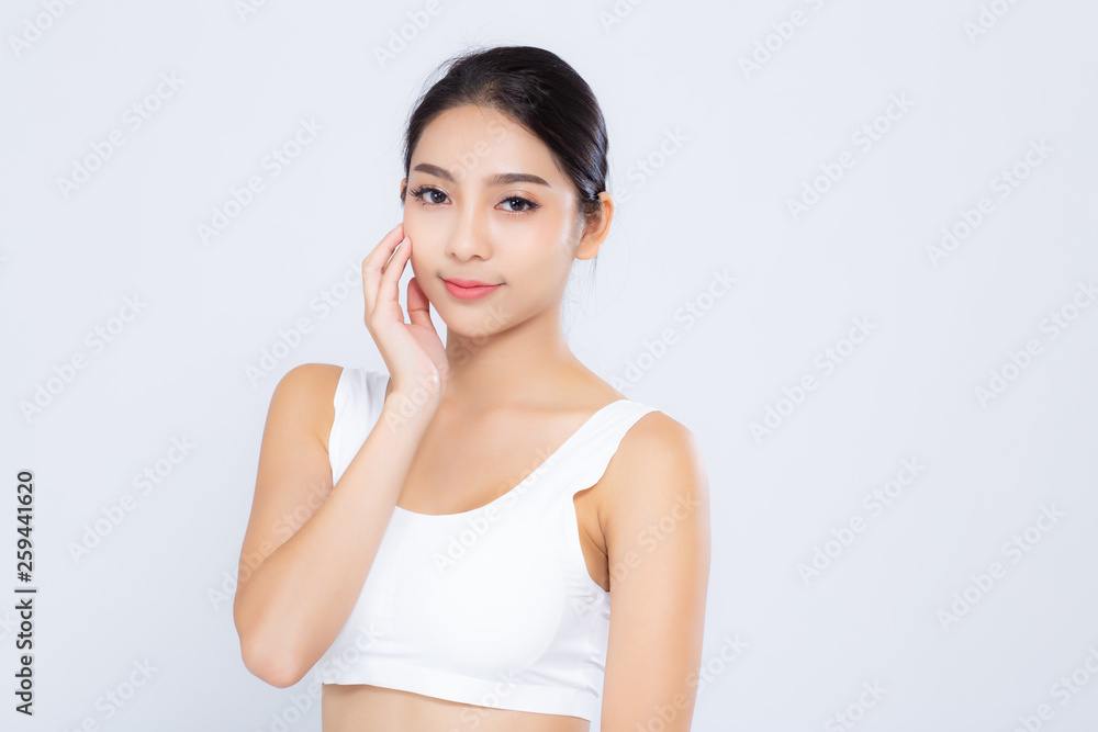 Portrait of beautiful woman asian makeup of cosmetic, girl hand touch cheek and smile attractive, face of beauty perfect with wellness isolated on white background with skin healthcare concept. Portrait of beautiful woman asian makeup of cosmetic, girl hand touch cheek and smile attractive, face of beauty perfect with wellness isolated on white background with skin healthcare concept.