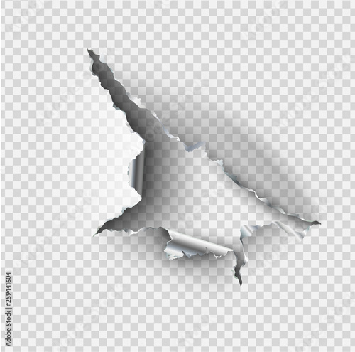 ragged Hole torn in ripped steel metal on transparent