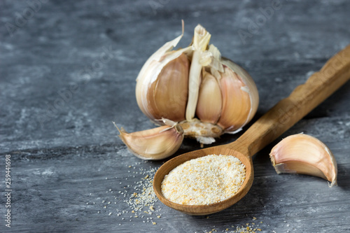 Ground garlic spice in the wooden spoon, seasoning dishes, using spices  for meals.