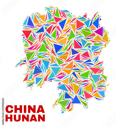 Mosaic Hunan Province map of triangles in bright colors isolated on a white background. Triangular collage in shape of Hunan Province map. Abstract design for patriotic purposes.