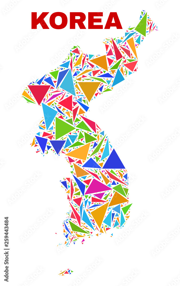 Mosaic Korea map of triangles in bright colors isolated on a white background. Triangular collage in shape of Korea map. Abstract design for patriotic decoration.