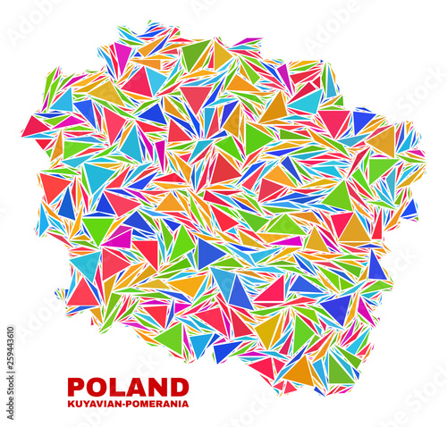 Mosaic Kuyavian-Pomeranian Voivodeship map of triangles in bright colors isolated on a white background. Triangular collage in shape of Kuyavian-Pomeranian Voivodeship map.