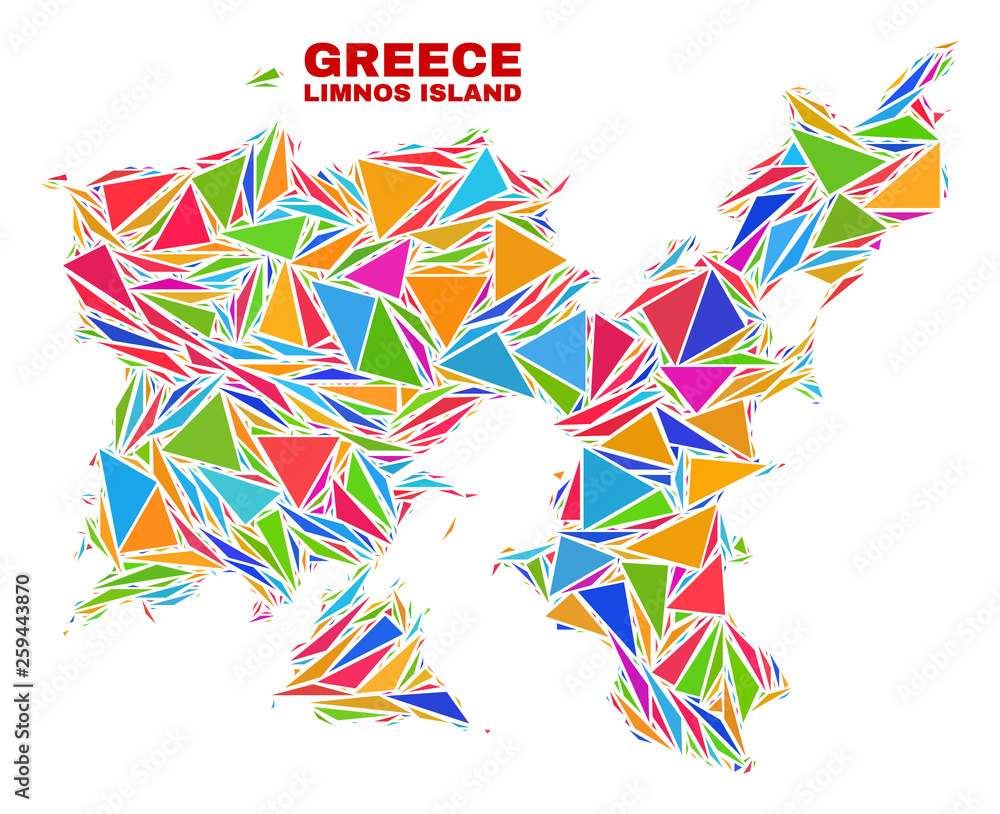 Obraz premium Mosaic Limnos Island map of triangles in bright colors isolated on a white background. Triangular collage in shape of Limnos Island map. Abstract design for patriotic illustrations.