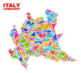 Mosaic Lombardy region map of triangles in bright colors isolated on a white background. Triangular collage in shape of Lombardy region map. Abstract design for patriotic illustrations.