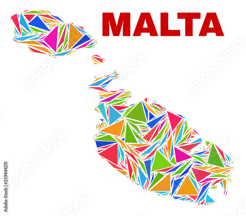 Mosaic Malta map of triangles in bright colors isolated on a white background. Triangular collage in shape of Malta map. Abstract design for patriotic decoration.
