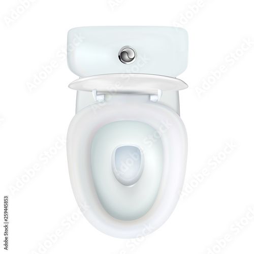 Realistic open white Toilet bowl with modern tank. Household isolated illustration of view top. Vector for advertising or web design, interior element unit. Clean lavatory, ceramic closet, bathroom