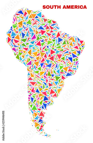 Mosaic South America map of triangles in bright colors isolated on a white background. Triangular collage in shape of South America map. Abstract design for patriotic illustrations.