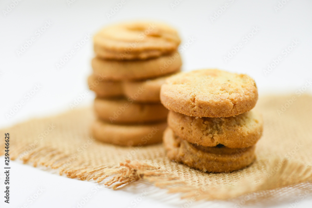 butter cookies pastry on sack on white background