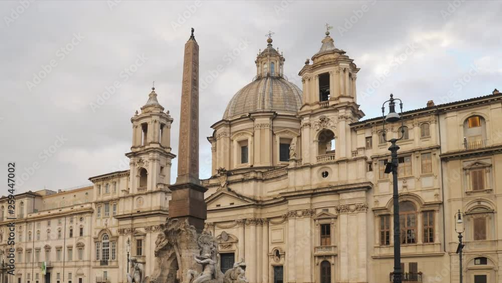 Fountain of the Four Rivers with the Egyptian Obelisk in the middle of Piazza Navona, built on the site of the Stadium of Domitian in the 1st century AD Fountain of the Four Rivers with the Egyptian Obelisk in the middle of Piazza Navona, built on the site of the Stadium of Domitian in the 1st century AD