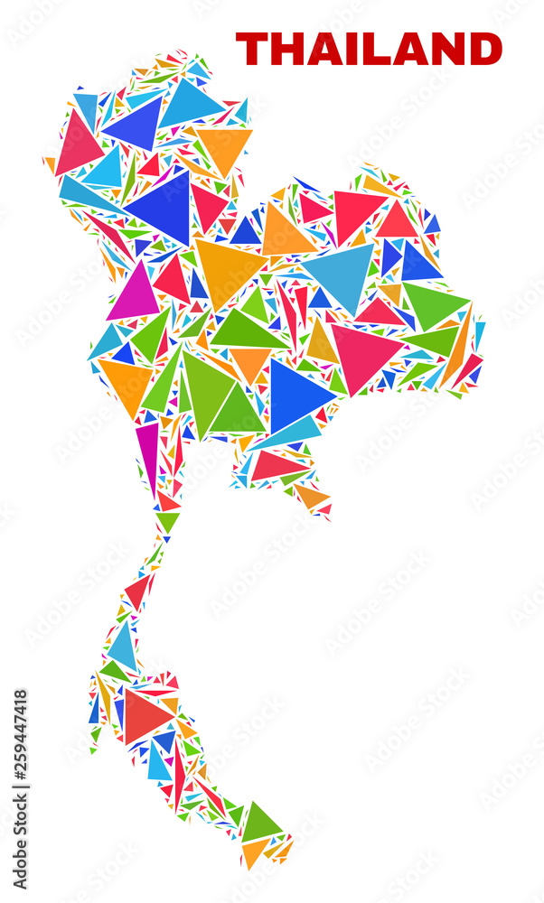 Obraz premium Mosaic Thailand map of triangles in bright colors isolated on a white background. Triangular collage in shape of Thailand map. Abstract design for patriotic decoration.