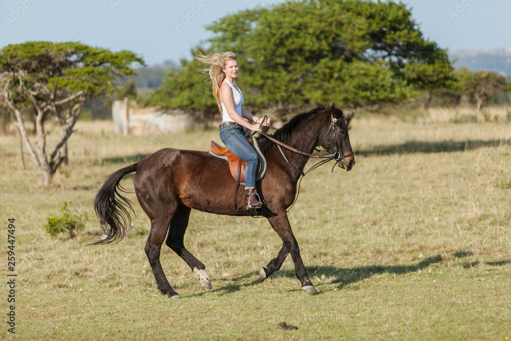 Attractive young blonde woman riding her horse Attractive young blonde woman riding her horse