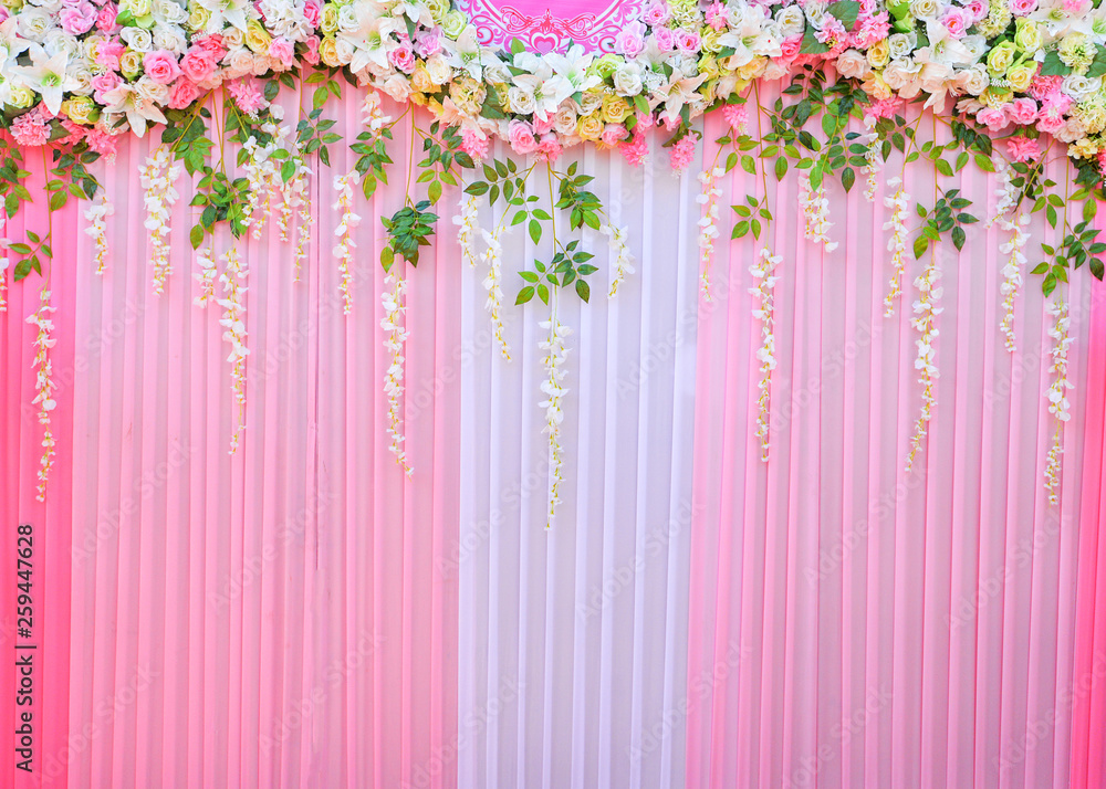 Backdrop wedding background romantic flower and green leaf decoration plant  beautiful pink curtain Stock Photo | Adobe Stock