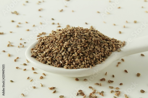 ajwain or Trachyspermum ammi,caraway herb spice seeds in spoon