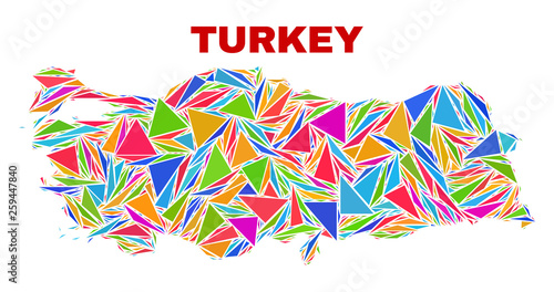 Mosaic Turkey map of triangles in bright colors isolated on a white background. Triangular collage in shape of Turkey map. Abstract design for patriotic purposes.
