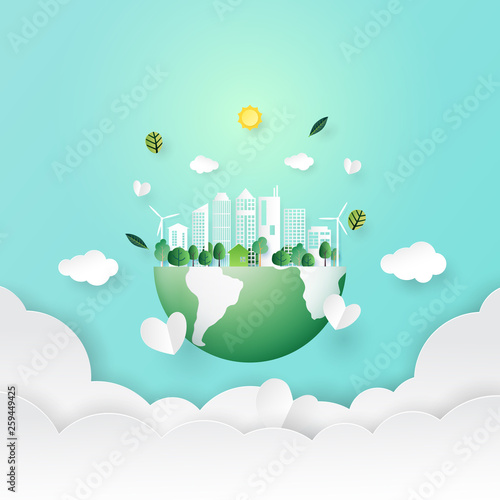 Ecology and environment conservation concept.Paper art of nature concept with save the earth and green eco city background.Vector illustration.